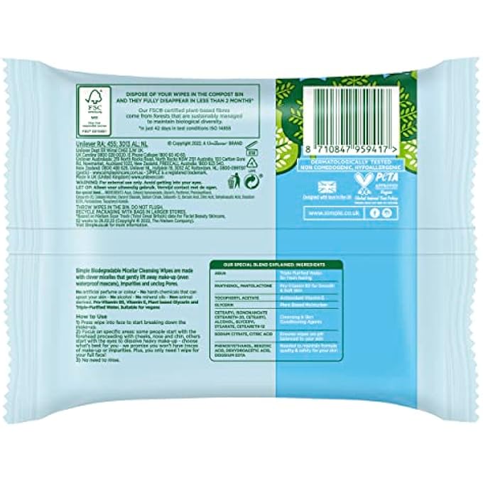 simple KIND TO SKIN HYPOALLERGENIC MICELLAR BIODEGRADABLE CLEANSING WIPES FOR SENSITIVE SKIN 20 WIPES - Image 2